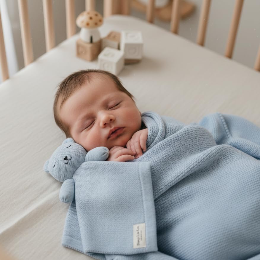 Image of Baby Gift Set - Organic Cotton Newborn Blanket and Lovey Security Blanket Set, Baby Boy, Blue Gifts, Best Gaby Gifts, Cute Ideas (Lovey - Bear - Sky Blue)