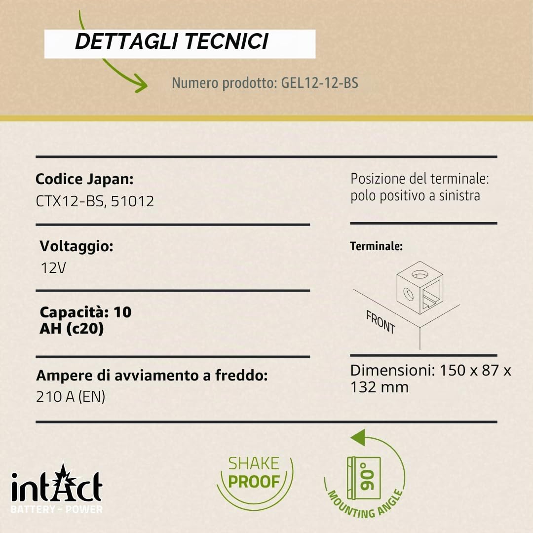 intAct - BATTERIA GEL PER MOTOCICLI Bike-Power GEL12-12-BS. Sostituisce YTX12, YTX12-BS. Batteria per moto 12V 10Ah 210A. Dimensioni: 150x87x132 mm. Con una potenza di avviamento superiore del 30%.