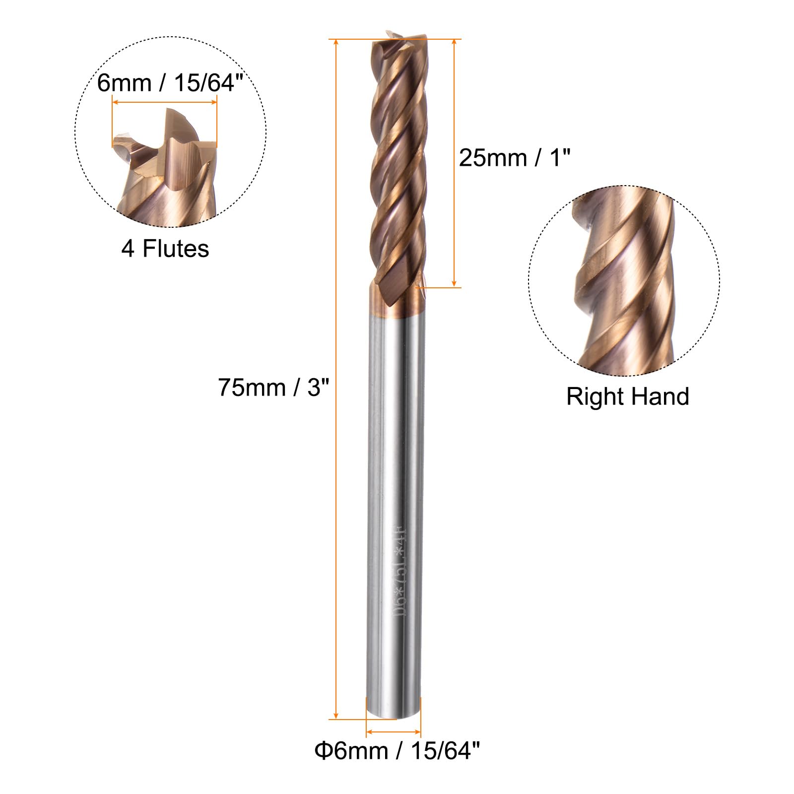 sourcing map Hartmetall-Schaftfräser, quadratisch, 6 mm Durchmesser, 6 mm Schaft, 75 mm, extra lang, HRC55 Mikrokorn-Wolframkarbid, 4 Rillen, Fräs-Bit für Aluminium, Kupfer, Metall