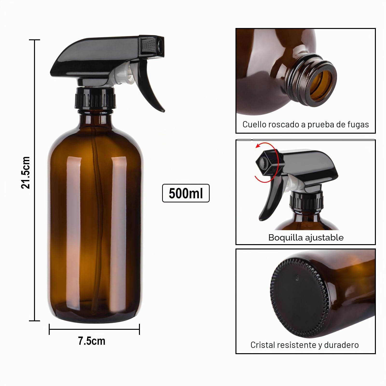 Botellas de vidrio vacías de 500 ml para limpieza, botella de agua de niebla para cabello, jardinería y aceites esenciales, pulverizador de gatillo ajustable con ajustes de flujo de