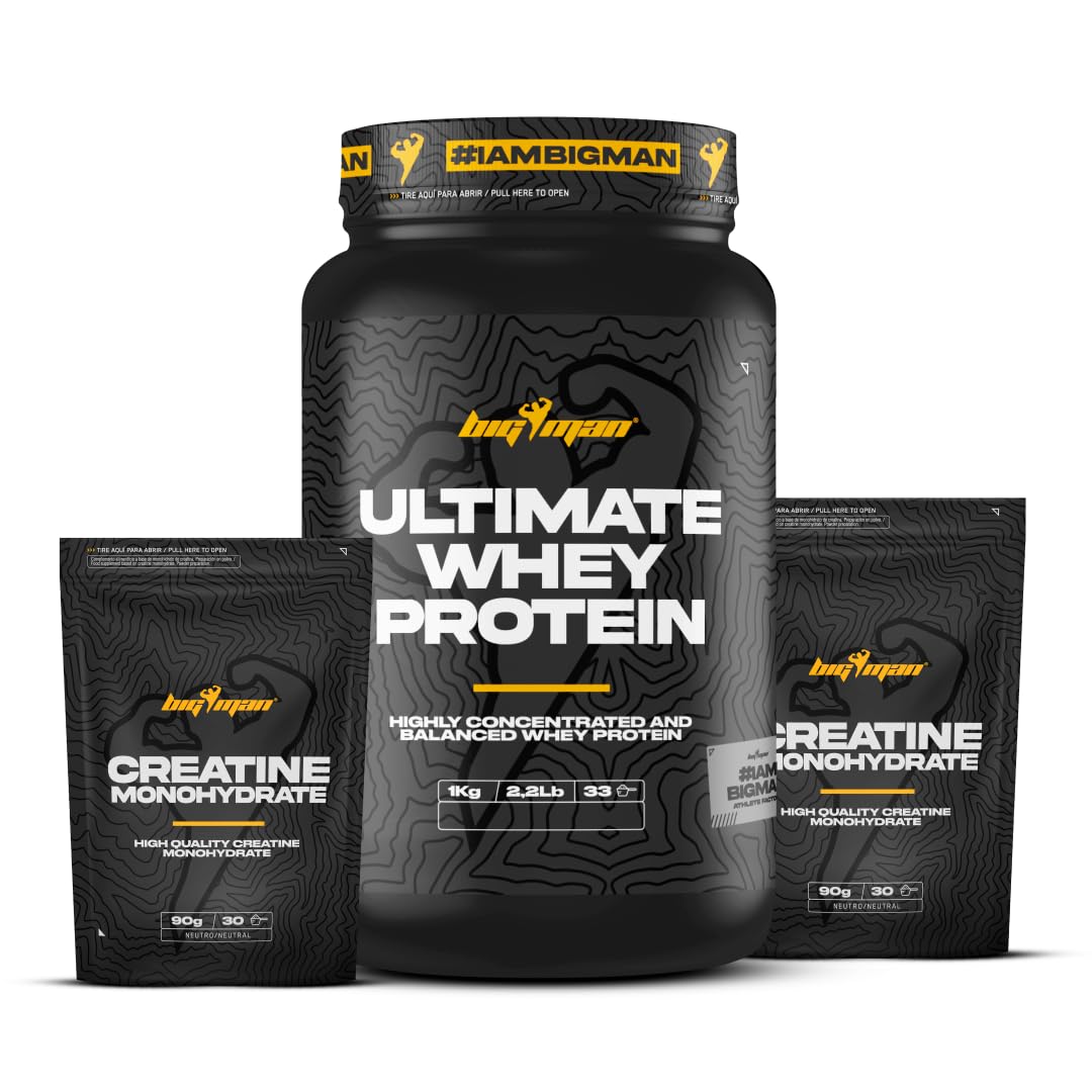 Pack BigMan Ultimate Whey Protein 1 kg + Creatina 180 gr | Proteína de suero de leche en polvo, Desarrollo de Masa Muscular y Recuperación, Fuerza, Resistencia. (1 kg, Vainilla Canela)
