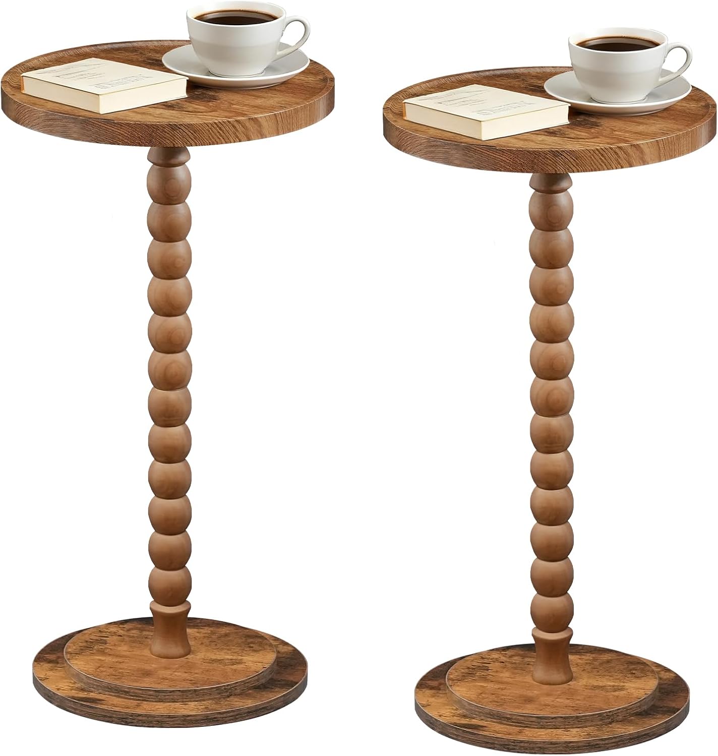 HOOBRO Set of 2 Small Round Side Tables, Drink Tables with Solid Wood Legs, Martini Tables with Pedestal Accent, for Small Space, Living Room, Bedroom, Sofa Couch, Rustic Brown FG187BZP201