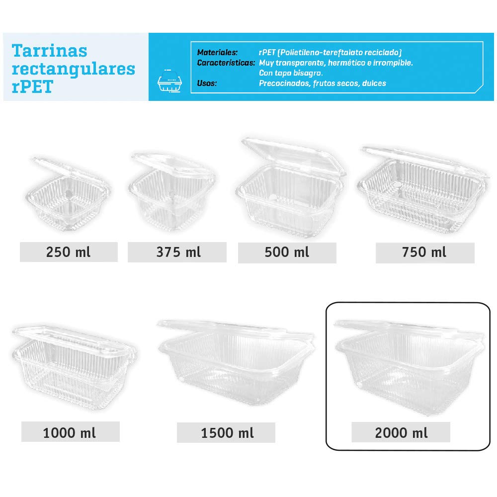 200 uds - Envase Recipiente para Comidas frías con Tapa bisagra Rectangular - Capacidad 2000 ml - Polietileno (Pet) Transparente