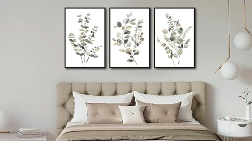 Miniatura 6 de Arte de pared botánico enmarcado grande – Decoración de pared de hojas de eucalipto de 16 x 24 pulgadas, juego de 3 impresiones de pintura de vida