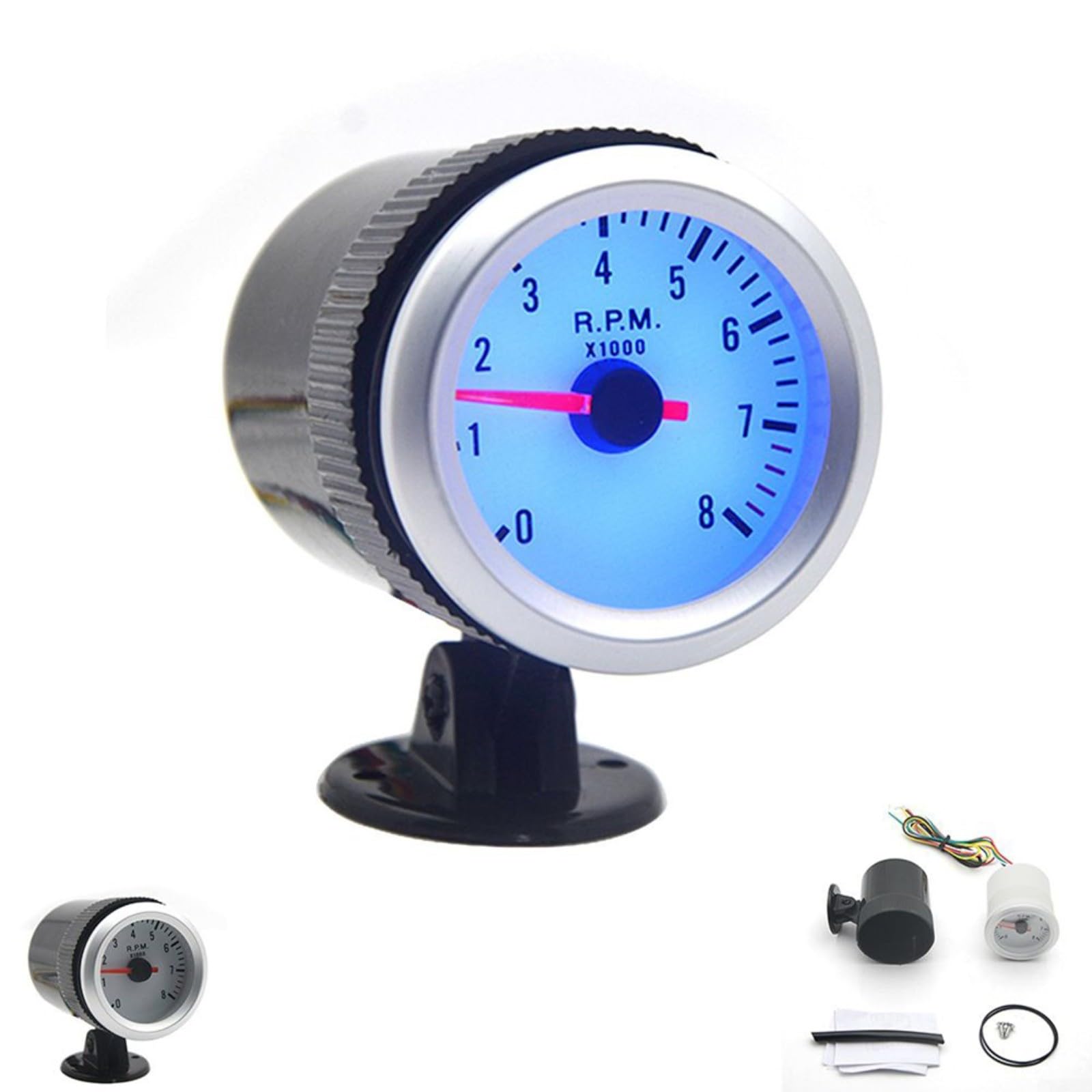 Compte-tours de 5,1 cm 52 mm avec face blanche et LED bleue 0-8000 tr/min pour moteur à essence 4 6 8 cylindres 12 V Compteur de tours performance automobile Installation facile Compteur