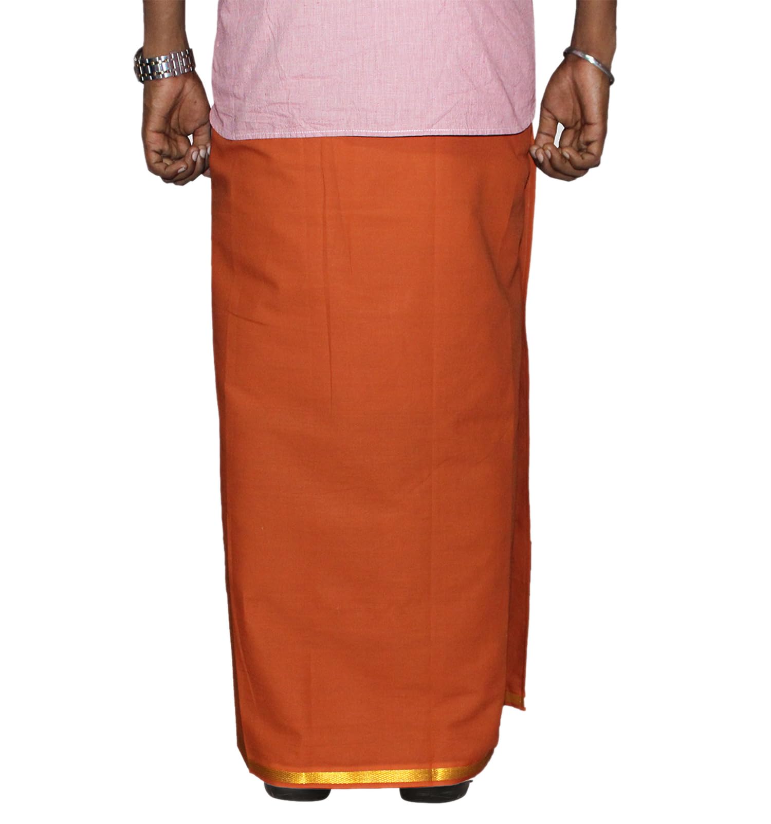 Prakasam Cotton Men's Single Dark Kaavi Colour Welcro Stitched Pocket Jari Dhoti With Matching Gold Jari Towel