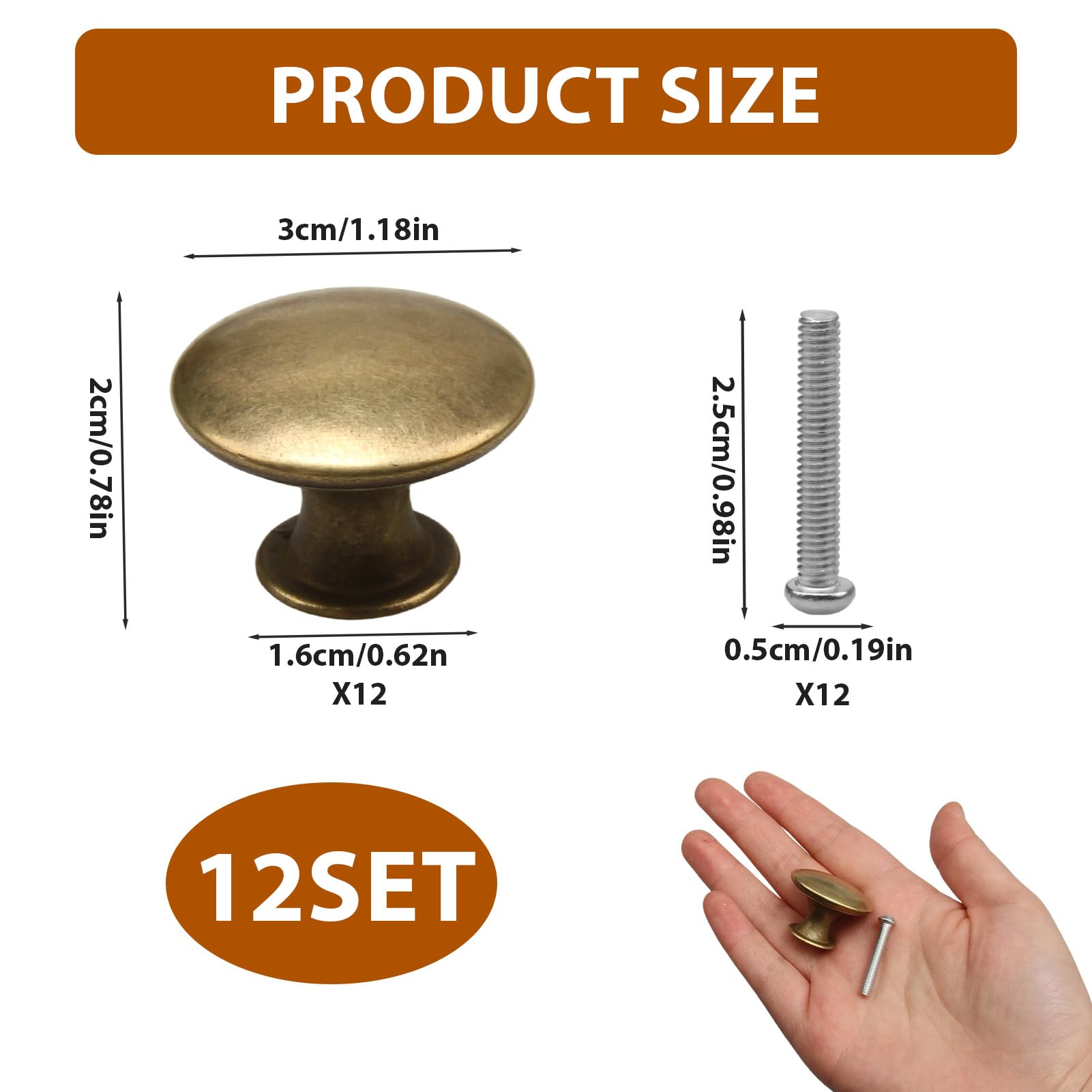 Set di 12 pomelli per mobili vintage in ottone antico, pomello per cassetti in lega di zinco, maniglie rotonde per armadietti, armadi, cassettiere, cucina, bagno, stile chic ed elegante