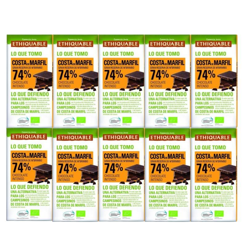 Pack 10x Chocolate Negro 74% Bio 100g | Ethiquable | Cacao de Costa de Marfil | Comercio Justo | Tabletas de Chocolate Ecológico | Vegano y Sin Gluten