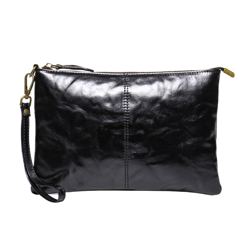 Portafoglio pochette in pelle vintage, cerniera sicura, elegante braccialetto da uomo