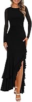 BTFBM Women's Long Sleeve Ruched Bodycon Mermaid Maxi Dress - Elegant Ruffle Cocktail Wedding Guest Spring 2026