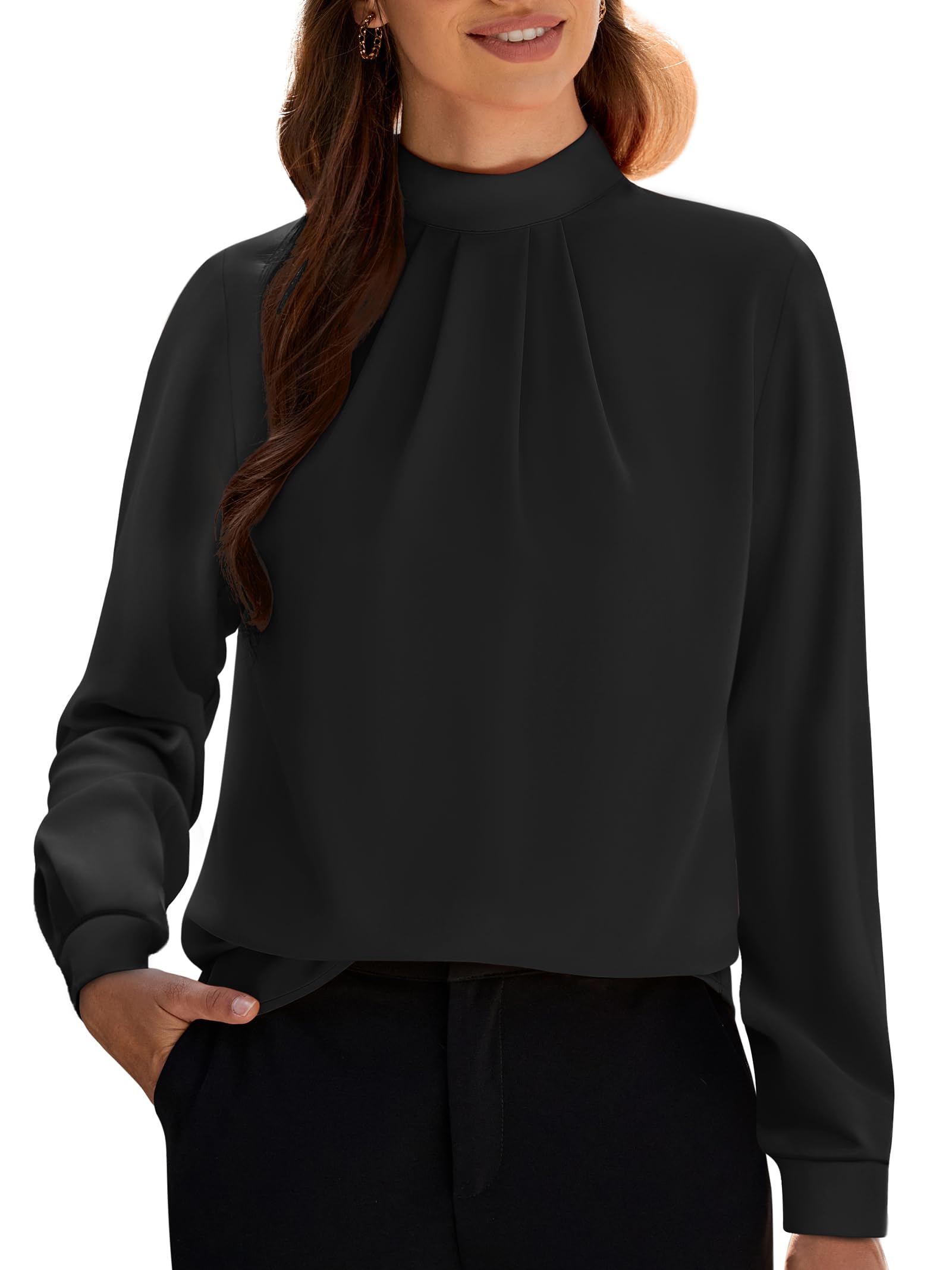 Funlingo Women's Long Sleeve Tops Dressy Casual Mock Neck Work Blouse Fall Trendy Front Pleated Tunic Chiffon Shirts