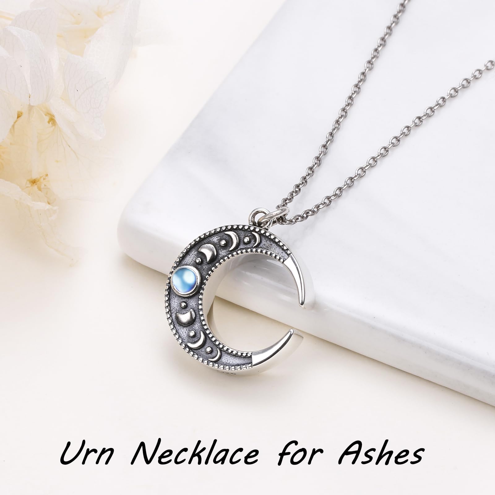 Mondstein Urn Halskette für Asche 925 Sterling Silber überzogene Halbmond Phase Halskette Mond Phase Charm Kreis Mond Anhänger Halskette für Frauen Mond Schmuck Asche Andenken Anhänger Memorial