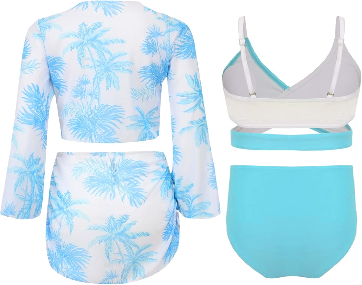 4Pcs Girls Bikini with Cover Up Top and Skirt Set Tropical Print Summer Beachwear Bathing Suit