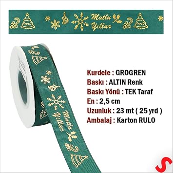 Yılbaşı Mutlu Yıllar Altın Baskılı Grogren Kurdele, 2,5cm x 23mt - Yeşil