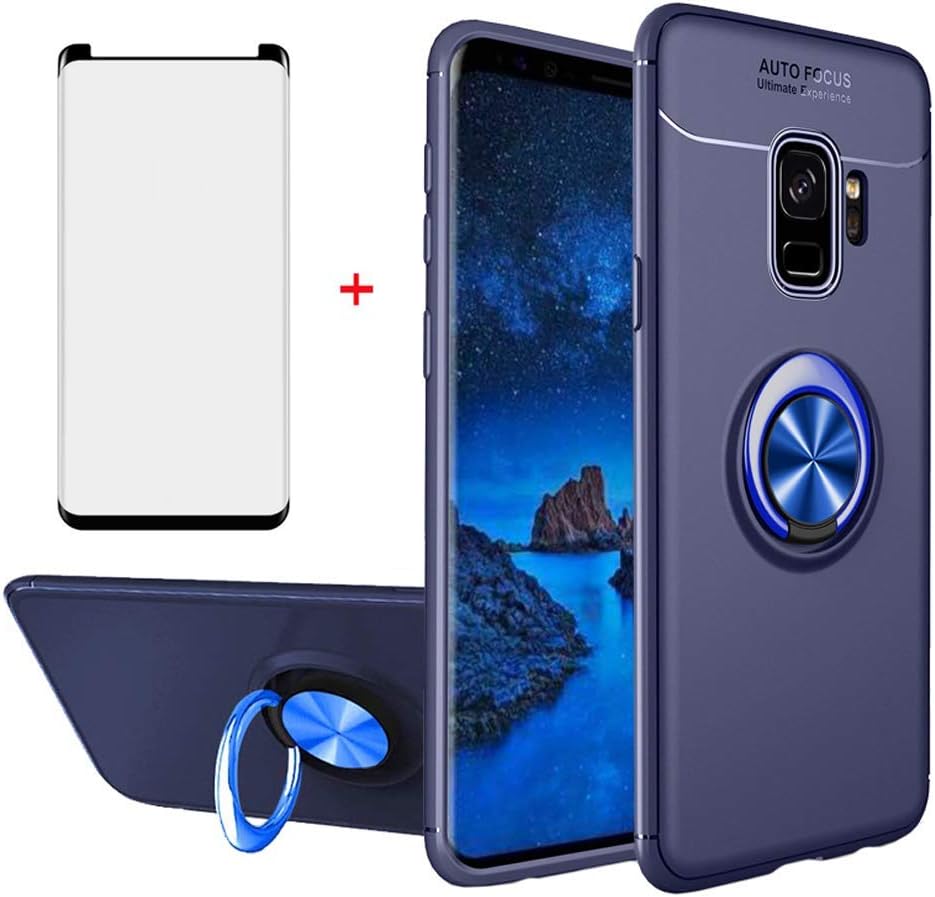 Phone Holder Case Phone Case for Samsung Galaxy S9 Plus with Tempered Glass Screen Protector Cover Accessories Magnetic Stand Ring Holder Thin Full Body Shockproof Silicone Glaxay S9+ 9S 9plus S9plus