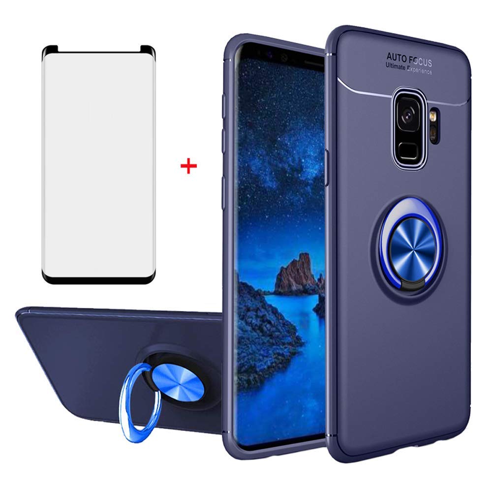 Phone Holder Case Phone Case for Samsung Galaxy S9 Plus with Tempered Glass Screen Protector Cover Accessories Magnetic Stand Ring Holder Thin Full Body Shockproof Silicone Glaxay S9+ 9S 9plus S9plus