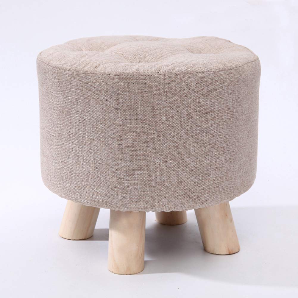 Repose-Pieds Ottoman en Bois Rond Beige - Petit Tabouret Rembourré Salon et Chambre