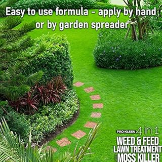 Pro-Kleen 4 in 1 Weed and Feed Lawn Treatment with Moss Killer - Greens Grass, Kills Weeds & Moss & Fertilises Grass - Apply from May-August - Covers up to 78m2 - (2.5kg)