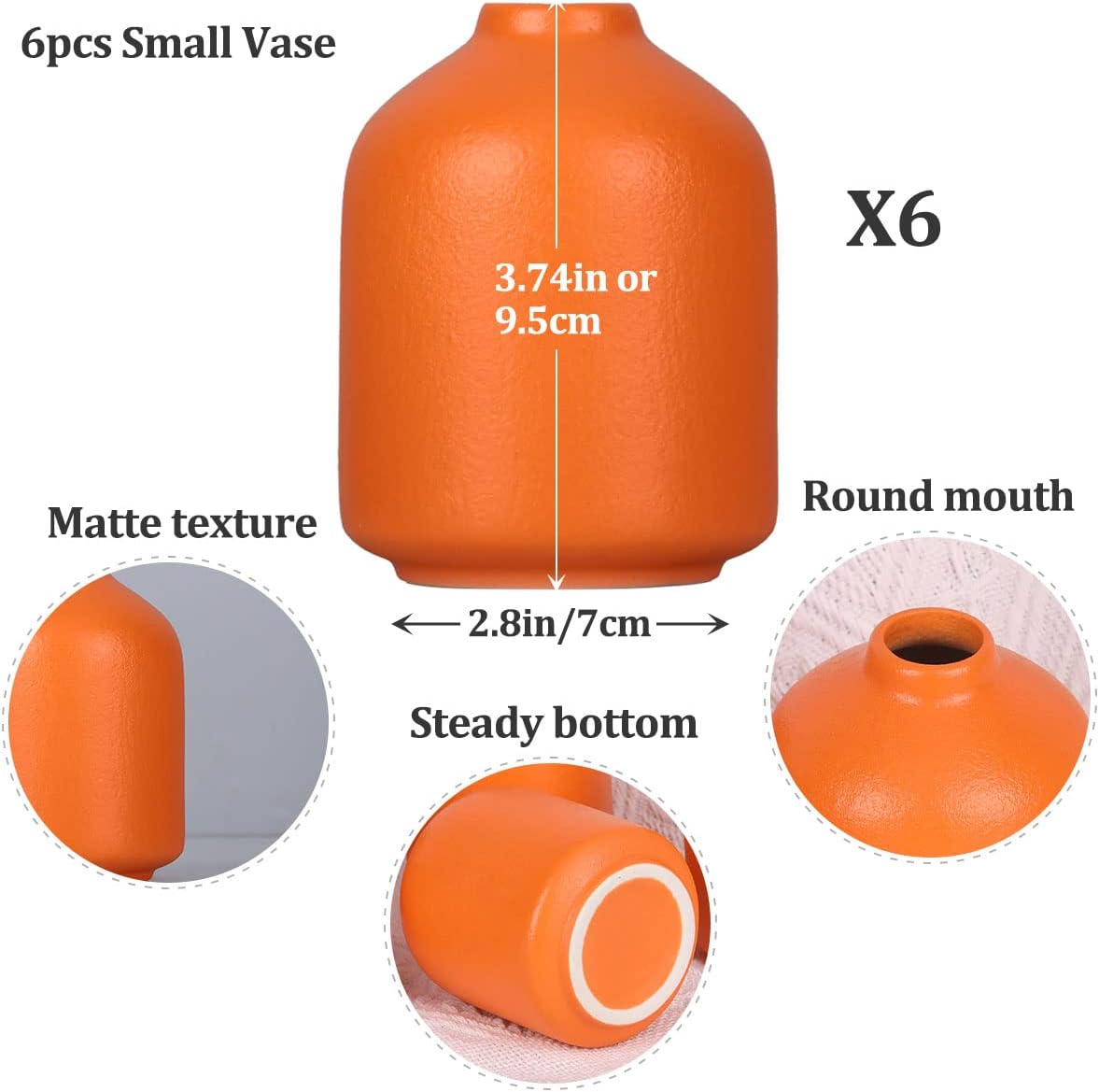 Orange Ceramic Small Vase Set of 6 - Modern Boho Flower Vase, Orange Bud Vases for Floral Arrangements, Centerpieces for Weddings, Dinner Parties, Table Settings, Foyer, Bathroom Decorations - Image 2