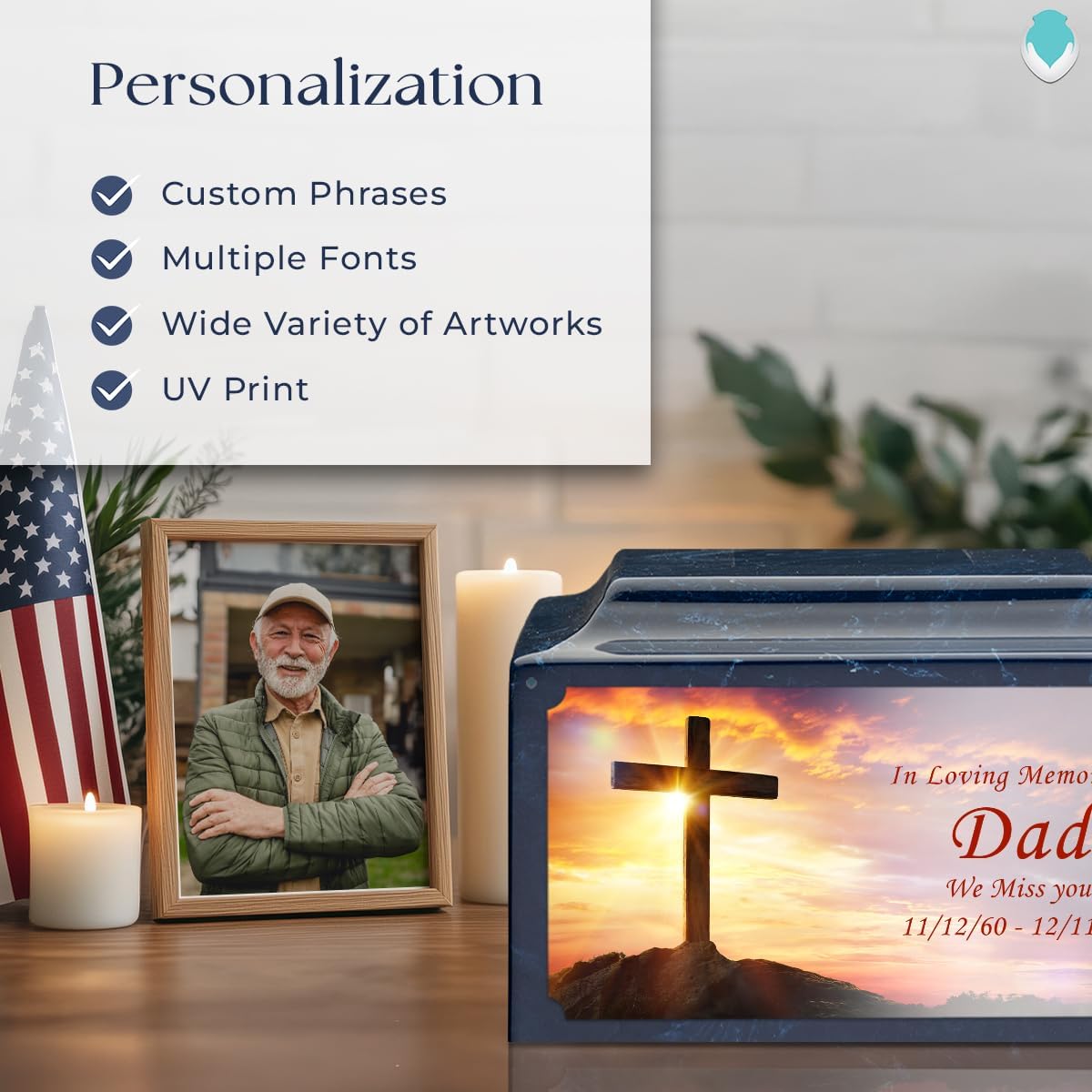 GetUrns Cultured Marble Urn Vault by Mackenzie with Personalized Cross and Text for Human Ashes I Navy Adult Urns for Male and Female I 210lbs