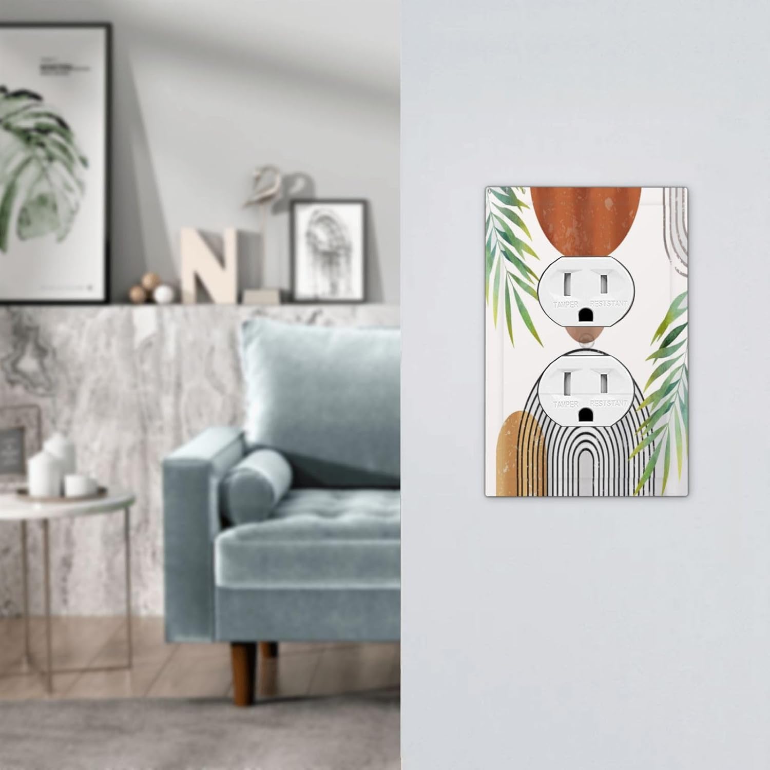Outlet Covers Mid Century Boho Sun Abstract Geometric 1 Gang Duplex Light Switch Cover Plate Leaves Plant Decorative Wall Plates Electrical Switchplate Receptacle Cover for Home Decor