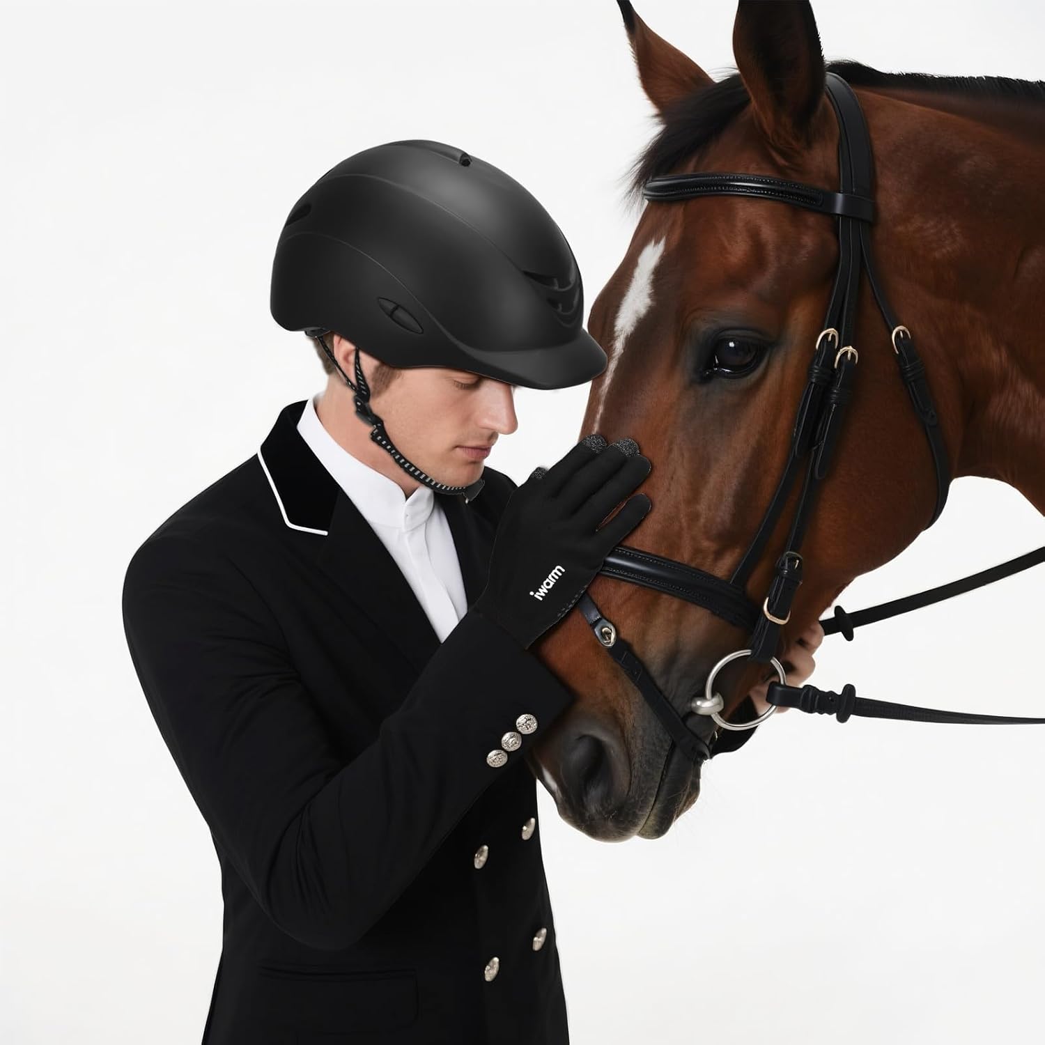 Equestrian Adult Helmet and Gloves Set with Adjustable Strap for Horseback Riding and Training, Soft and Comfortable Gloves Kits for Women and Man (Deep Black)