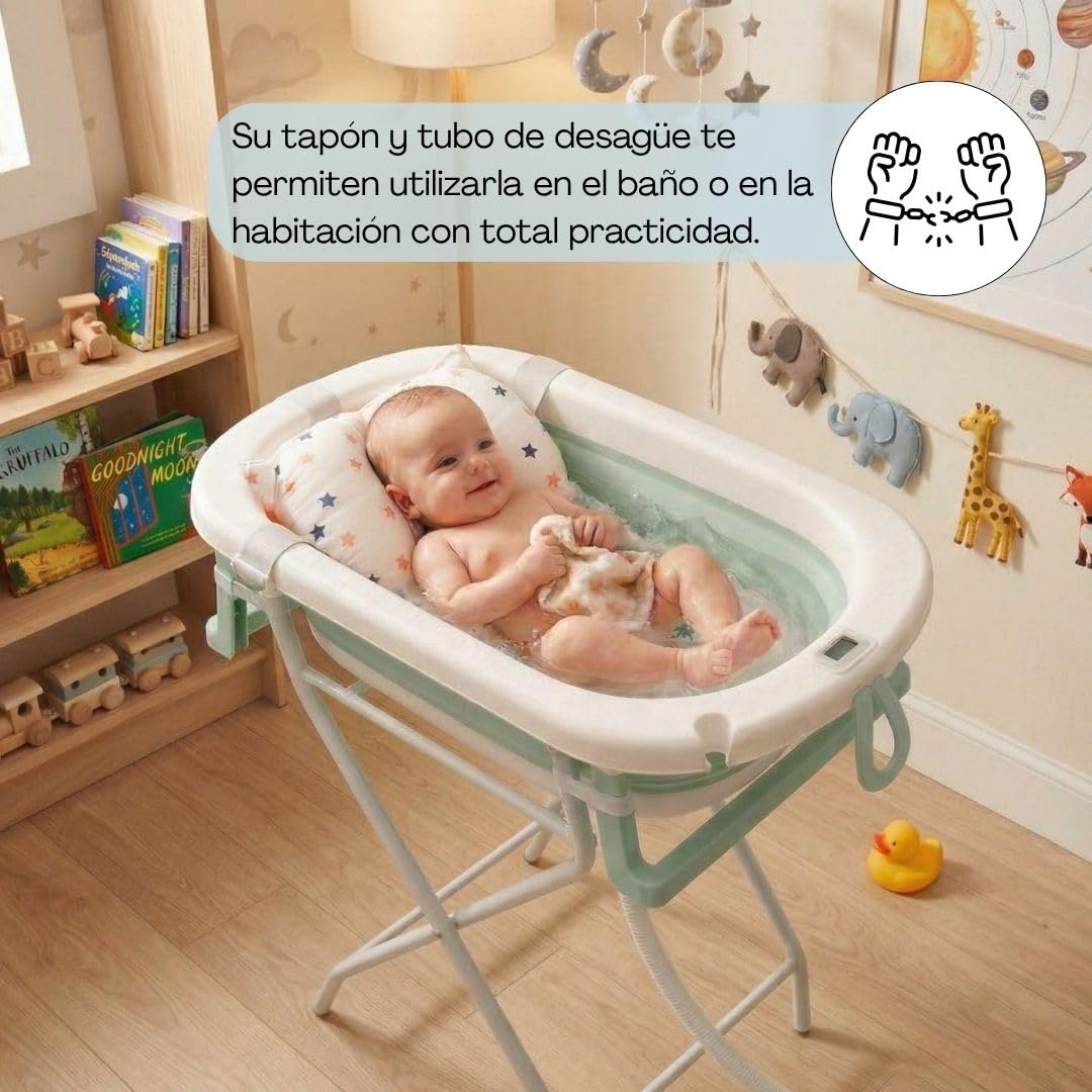 BATHBY | Bañera Plegable para Bebé con Soporte, Cojín Reductor y Termómetro | Set Completo para Recién Nacido | Compacta, Segura y Fácil de Transportar | (Verde SUP)