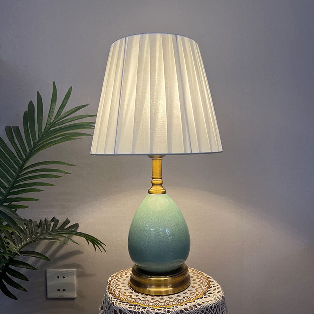 asdchZen Ice Crack Ceramic Table Lamp For Living Room Bedroom Office, Emerald Green Ceramic Glaze Desk Lamps, Country Villa Style Cloth Art Lampshade-A,B