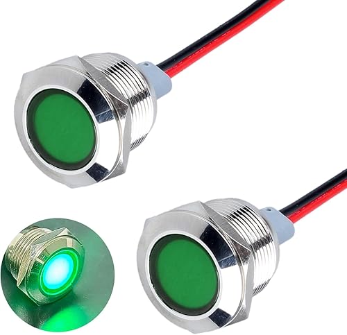 Miniatura 42 de 2 luces indicadoras LED de 0.630 in (5/8 pulgadas), 12-24 V AC/DC 20 mA ahorro de energía de metal impermeable IP67 lámpara piloto de una sola Verde