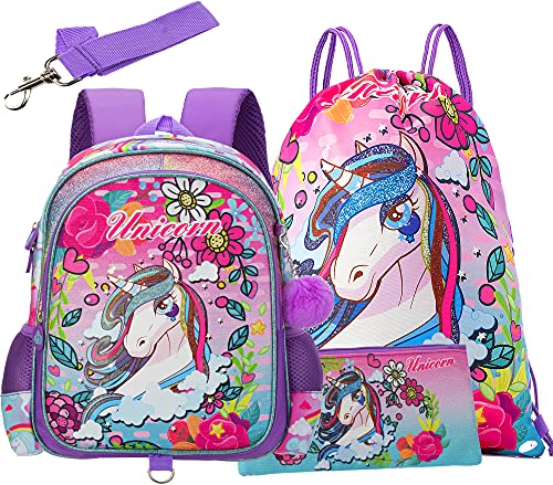 HTgroce Schulranzen für Mädchen Einhorn Kinderrucksack Schulrucksack für Jungen und Mädchen Rucksäcke Kinder Baumwollbeutel mit Kordelzug,federmäppchen, Rucksack Anhänger, 4 in 1 Cover