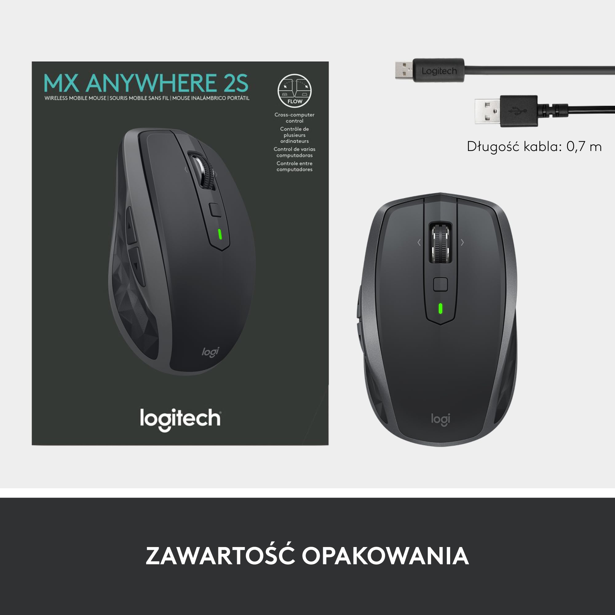 Logitech MX Anywhere 2S Mysz bezprzewodowa z Bluetooth, obsługująca wiele powierzchni, bardzo szybkie przewijanie, z akumulatorem, przenośna, obsługująca do 3 komputerów Mac/PC
