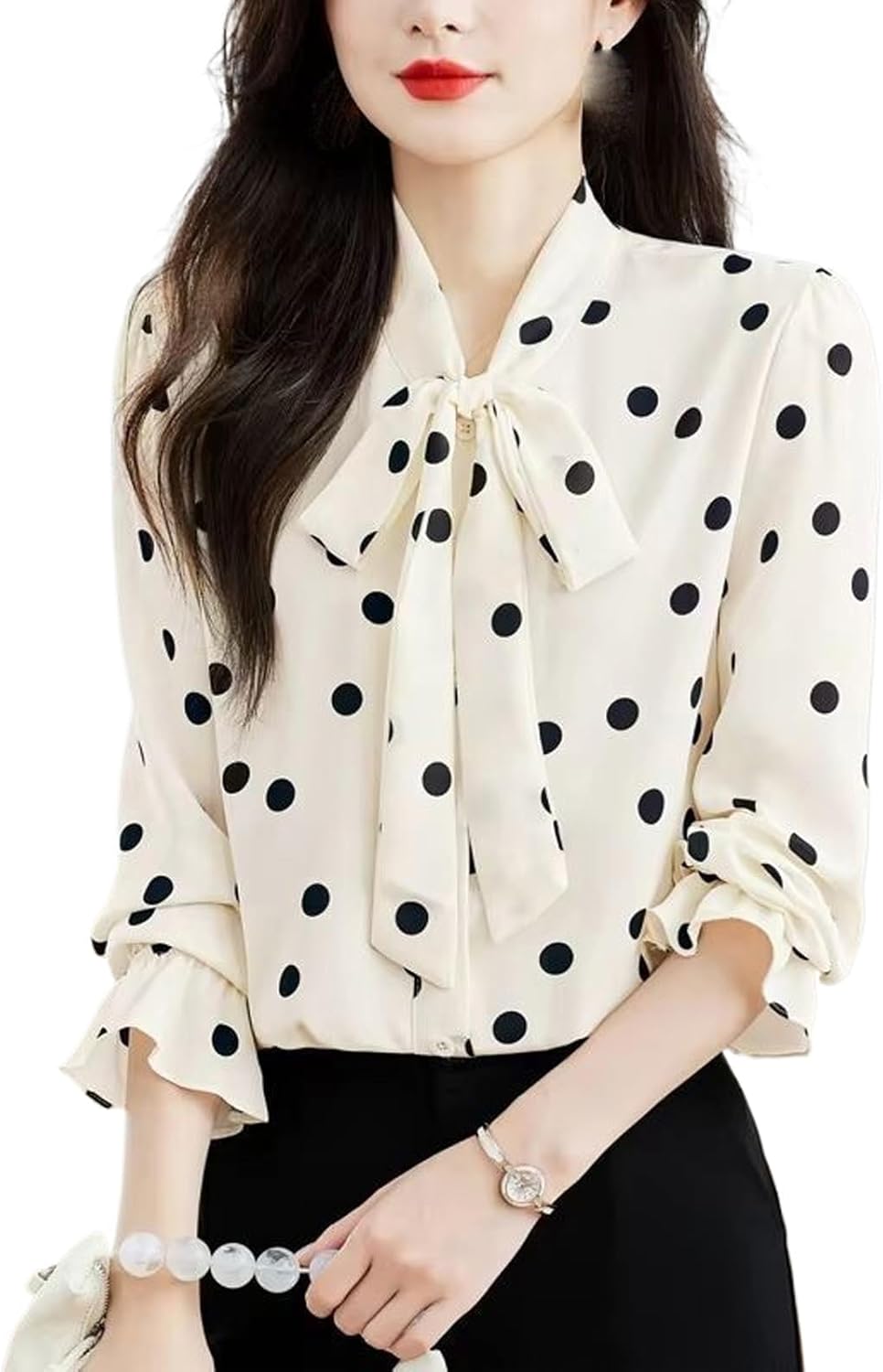 Women's Polka Dot Lace Up Tie Bow Blouse Shirt Vintage Long Sleeve Front Button Versatile Top