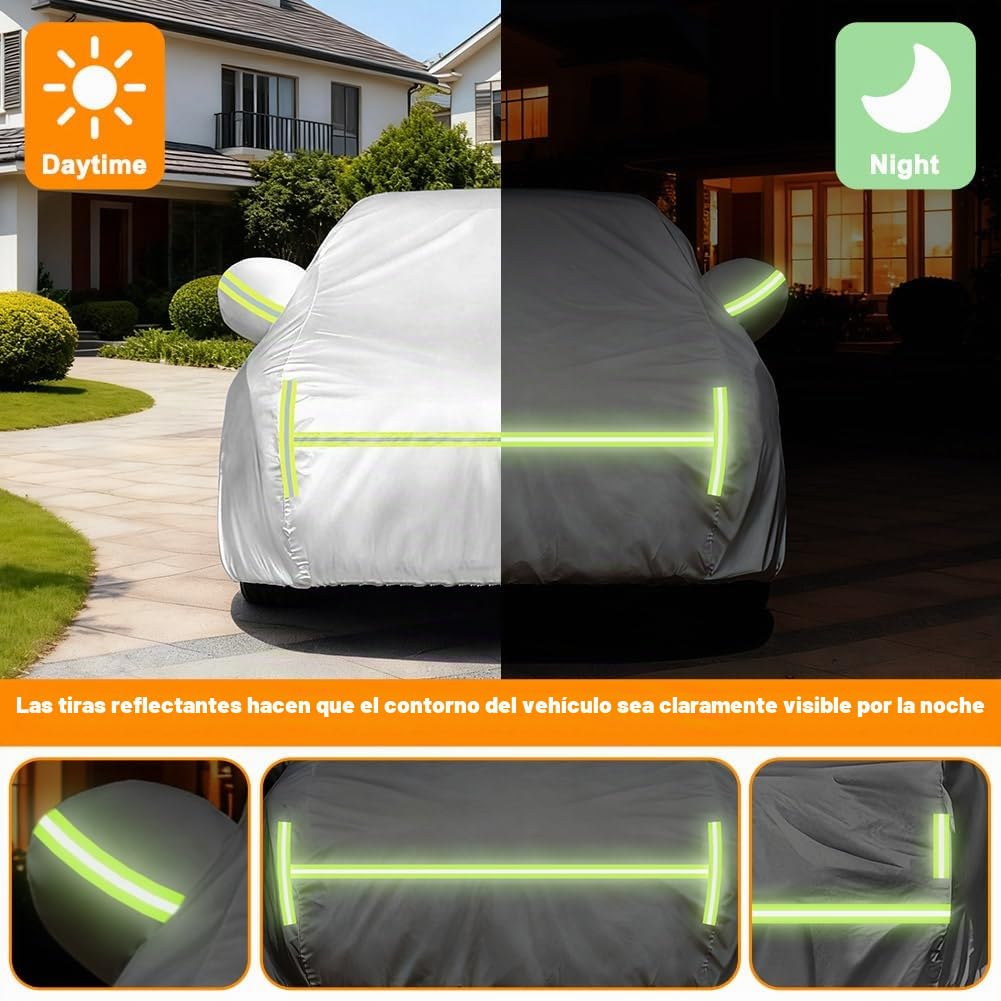 Funda de Coche, Anti-UV Resistente al Polvo Rasguño Nieve Sol al Aire Libre, Funda Protectora para Coche Universal con Bolsa de Almacenamiento, Forro Algodón & Diseño con Cremallera Lateral