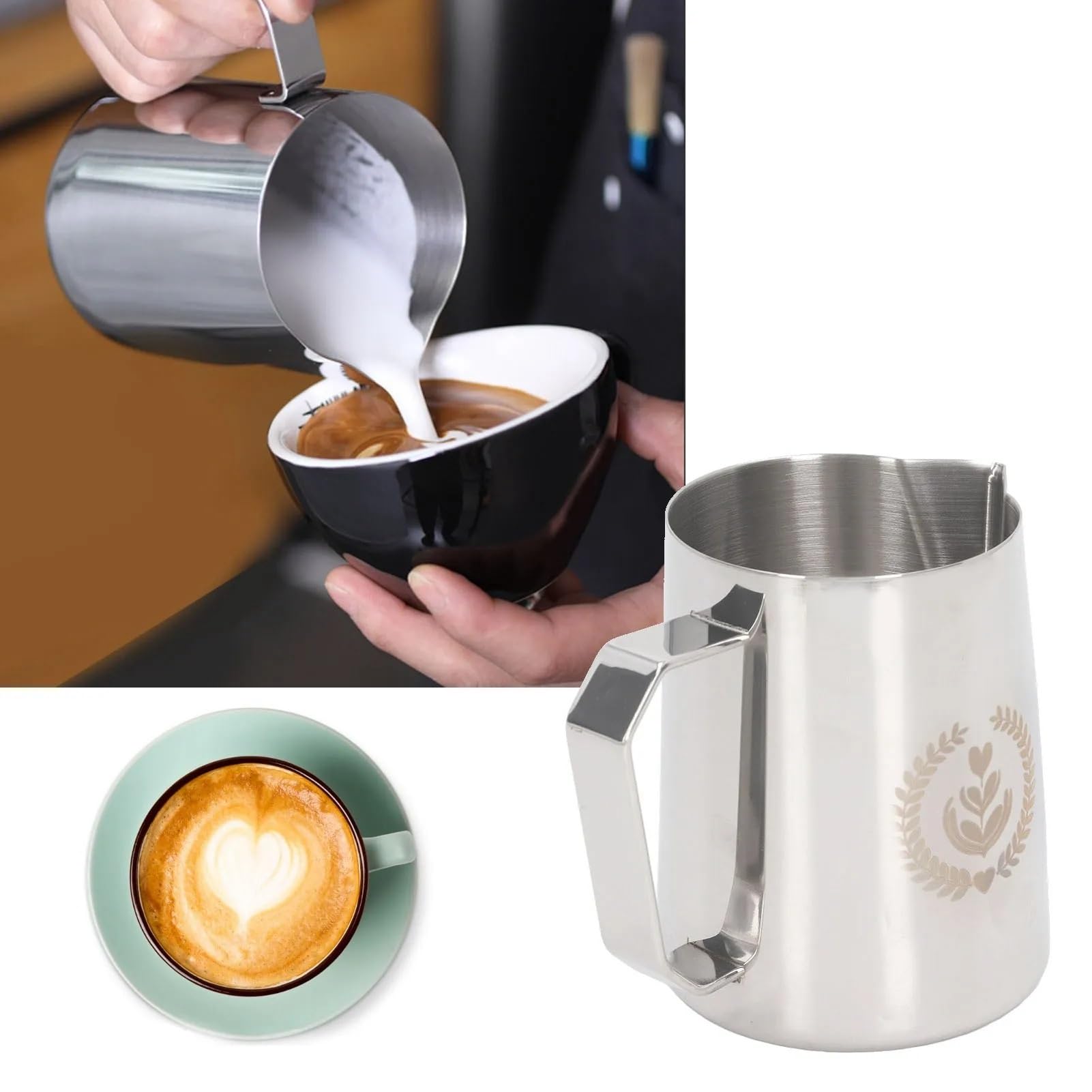 Jarra de espuma café 450ml, taza leche, Latte Art, Espumador acero inoxidable, mezcladora, herramienta for expreso Barista, 2 uds Para café(Grey)