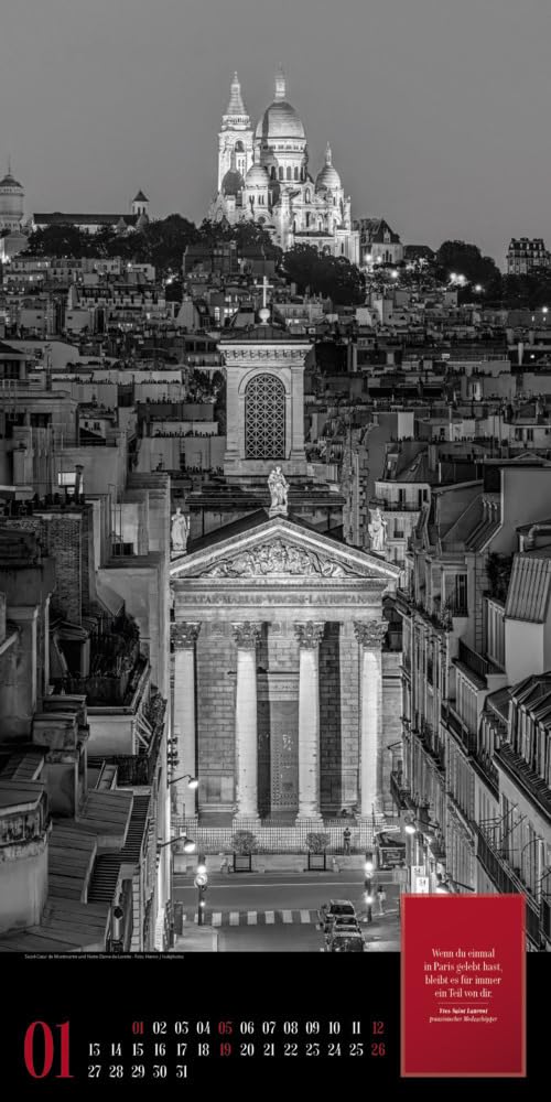 Paris, je t'aime Kalender 2025, Wandkalender in Schwarz-Weiß im Hochformat (33x66 cm) - Städtekalender / Literaturkalender mit Zitaten