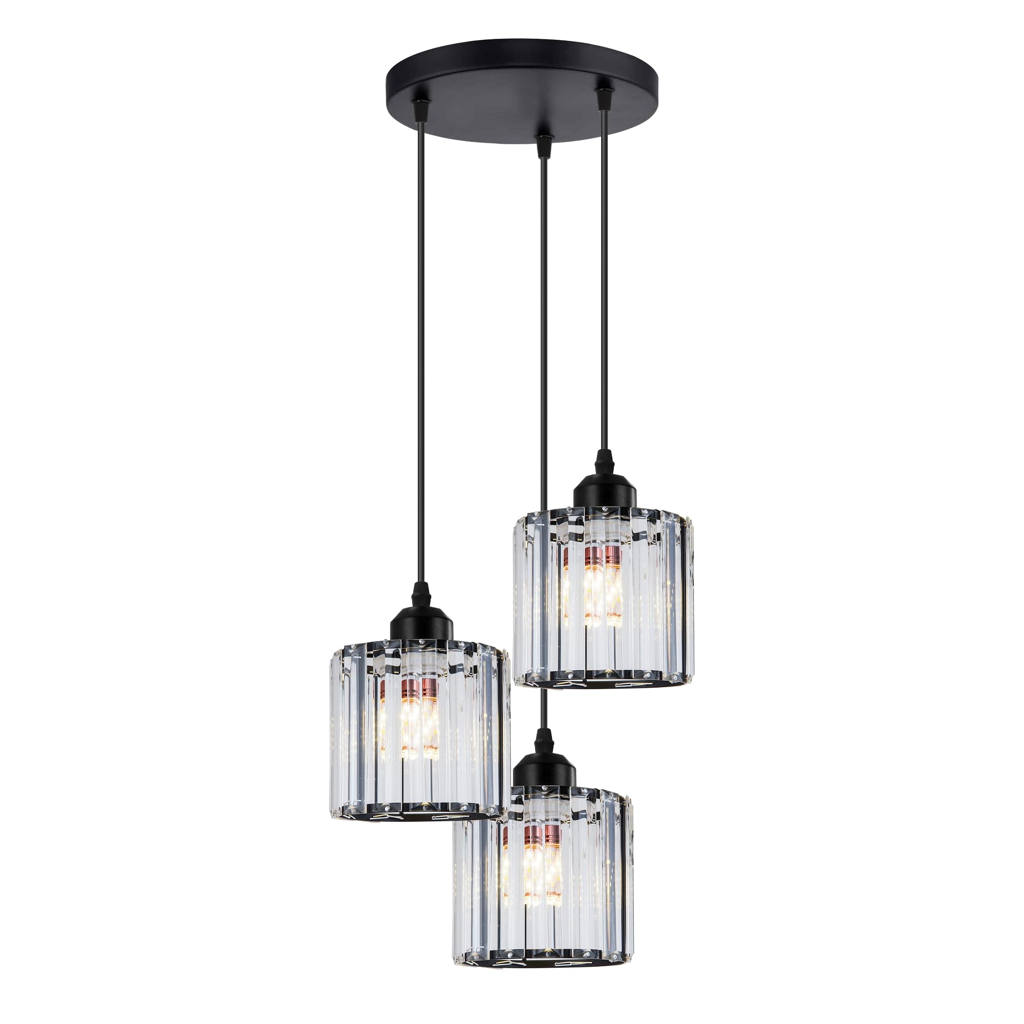 DC VOLTAGE Modern 3-Light E27 Pendant Light with K9 Crystal Lampshade Adjustable Hanging Ceiling Lamp for Dining Table Suspension (Black)