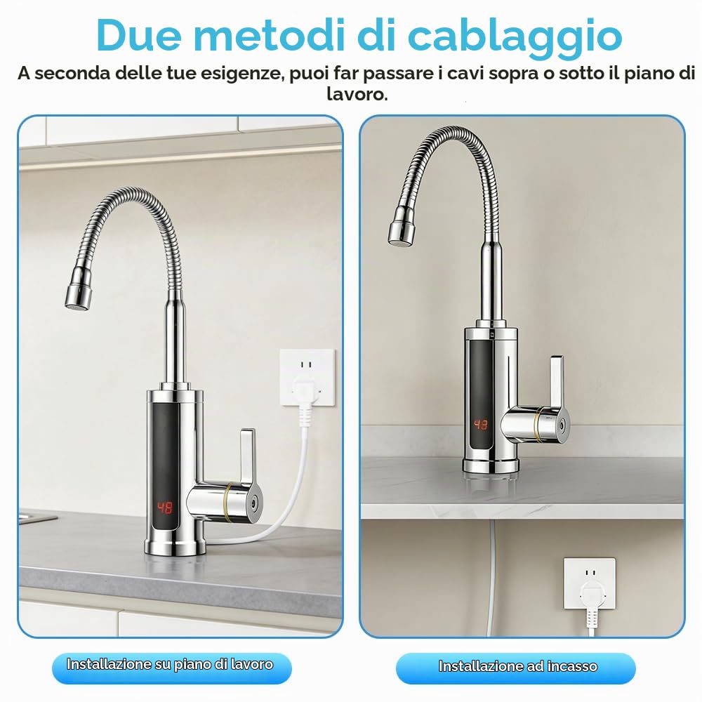 Rubinetto Elettrico Acqua Calda, 220 V 3000W, Girevole a 360°, Scaldabagno Elettrico Istantaneo con Display Digitale, per Bagno, Cucina, Roulotte, Campeggio [Classe di Efficienza Energetica B]
