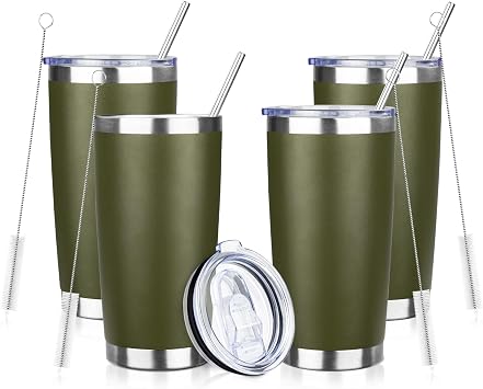 20oz Tumbler with Straw and Brush, Stainless Steel Vacuum Insulated tumbler, Double Wall Insulated Coffee Tumbler for Outdoor, Home, Travel,Office Army Green,4pcs