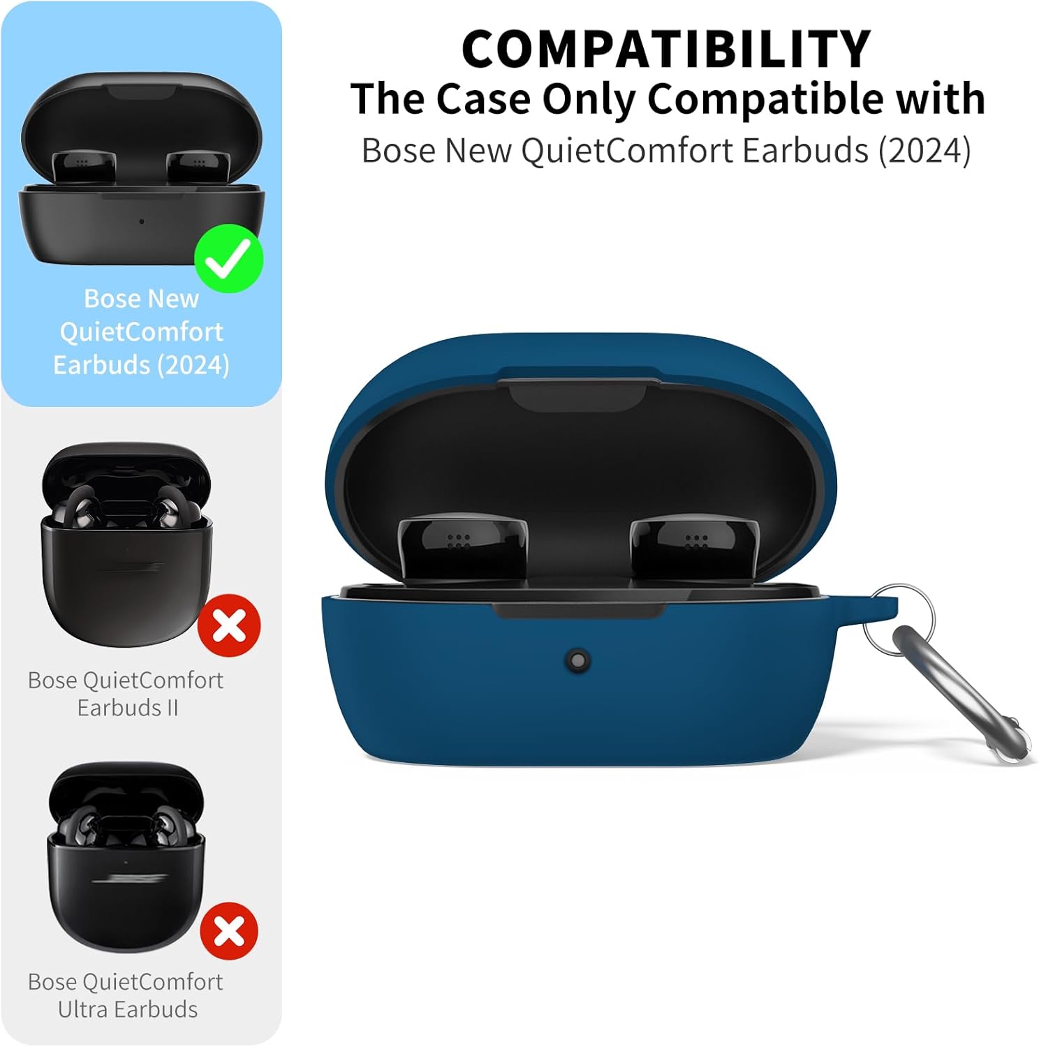 for Bose New QuietComfort Earbuds (2024) Case Cover with Cleaning Kit, Soft Silicone Protective Earbuds Case with Carabiner, Logo and Front LED Visible (Blue) - Image 2