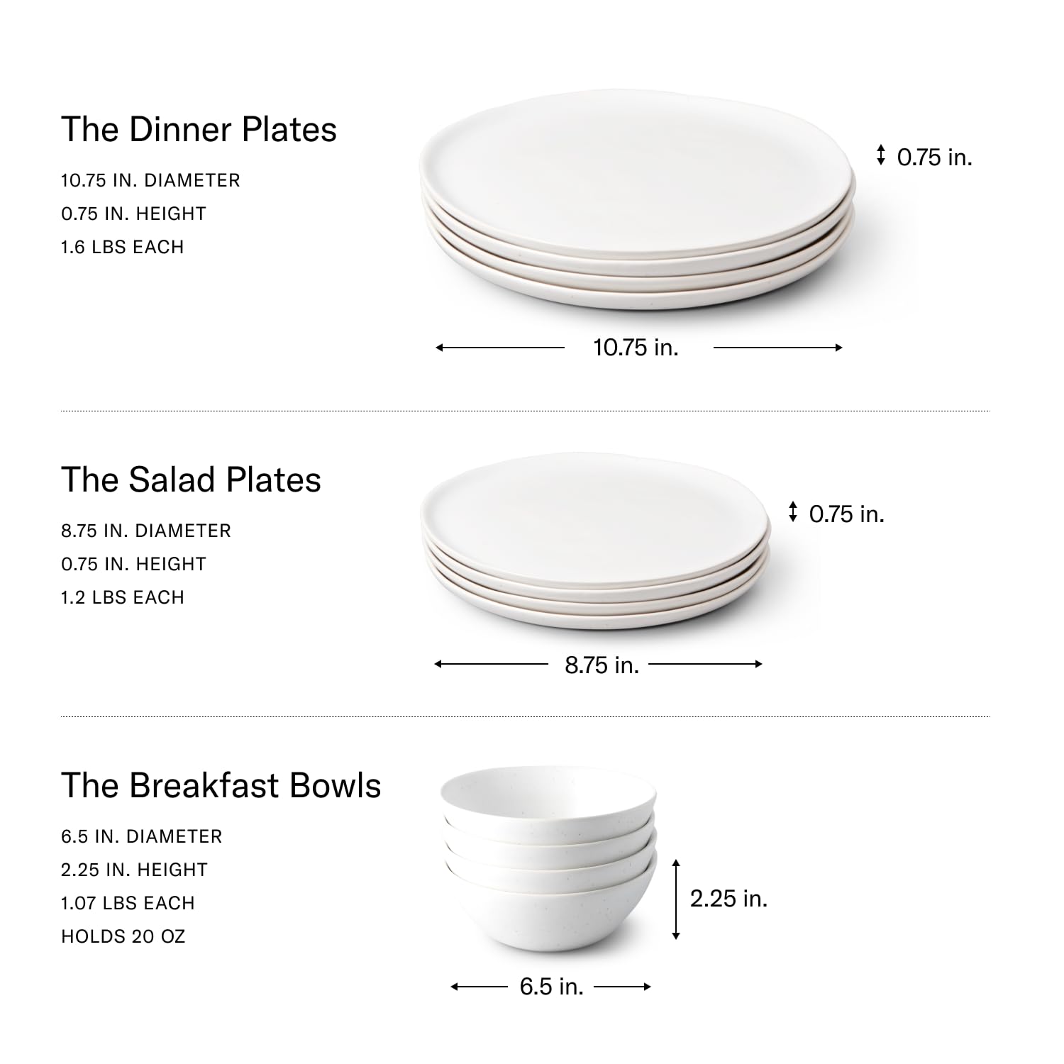 Fable Dinnerware Set - Includes 4 Each of The Dinner + Salad Plates, and The Breakfast Bowls - Dishwasher Safe, Durable Stoneware Ceramic Plates and Bowls - Speckled White