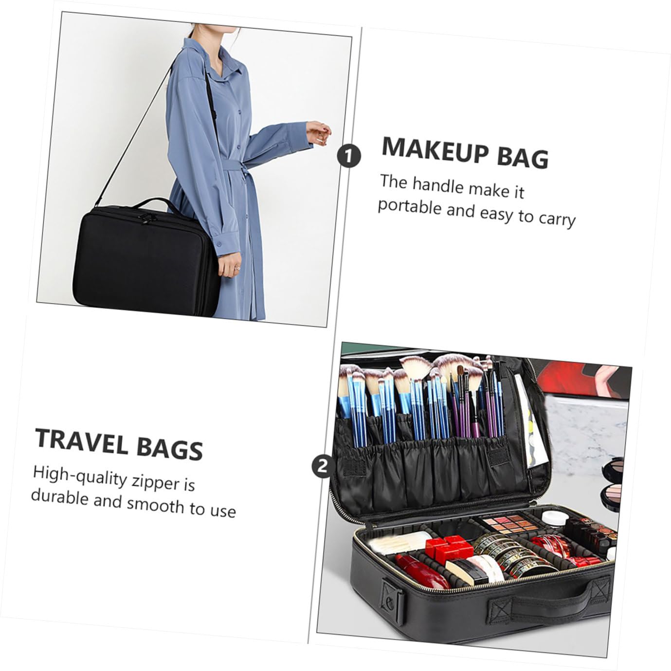 Borsa Trucchi Make Up Nera in Oxford Manico e Scomparti | Portatile da Viaggio, Design a Griglia, Struttura per Riporre Cosmetici in Modo Ordinato
