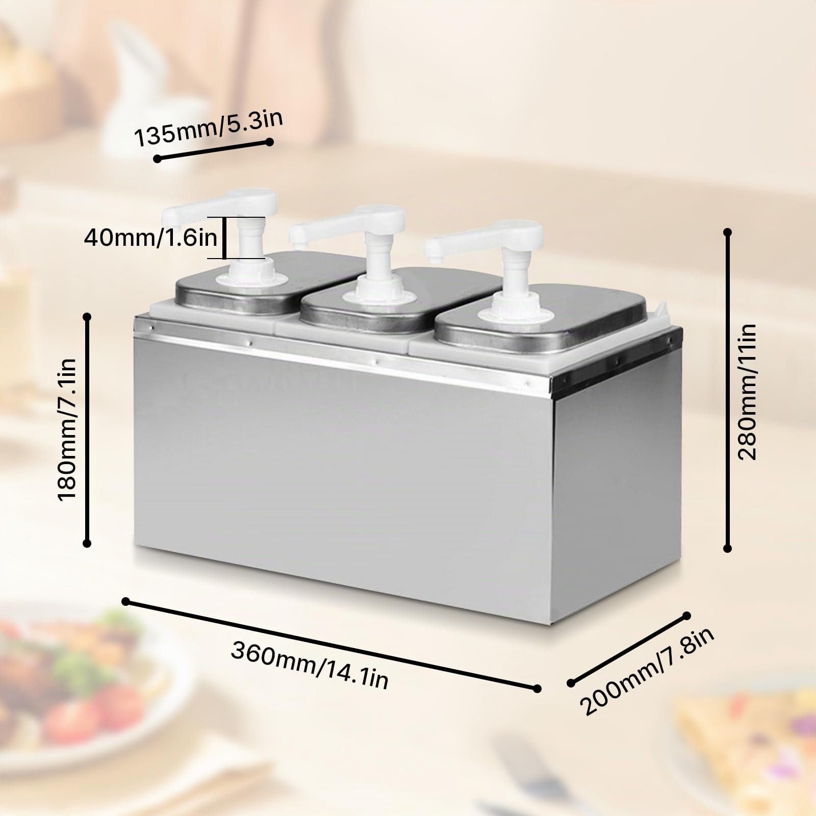 6L Saucenspender Pumpstation, 3 x 2 L Edelstahl Gewürzspender, Soßenspender Pumpe für Sojasauce, Essig, Ketchup, Salatdressing, Mayonnaise - 6 Pumps
