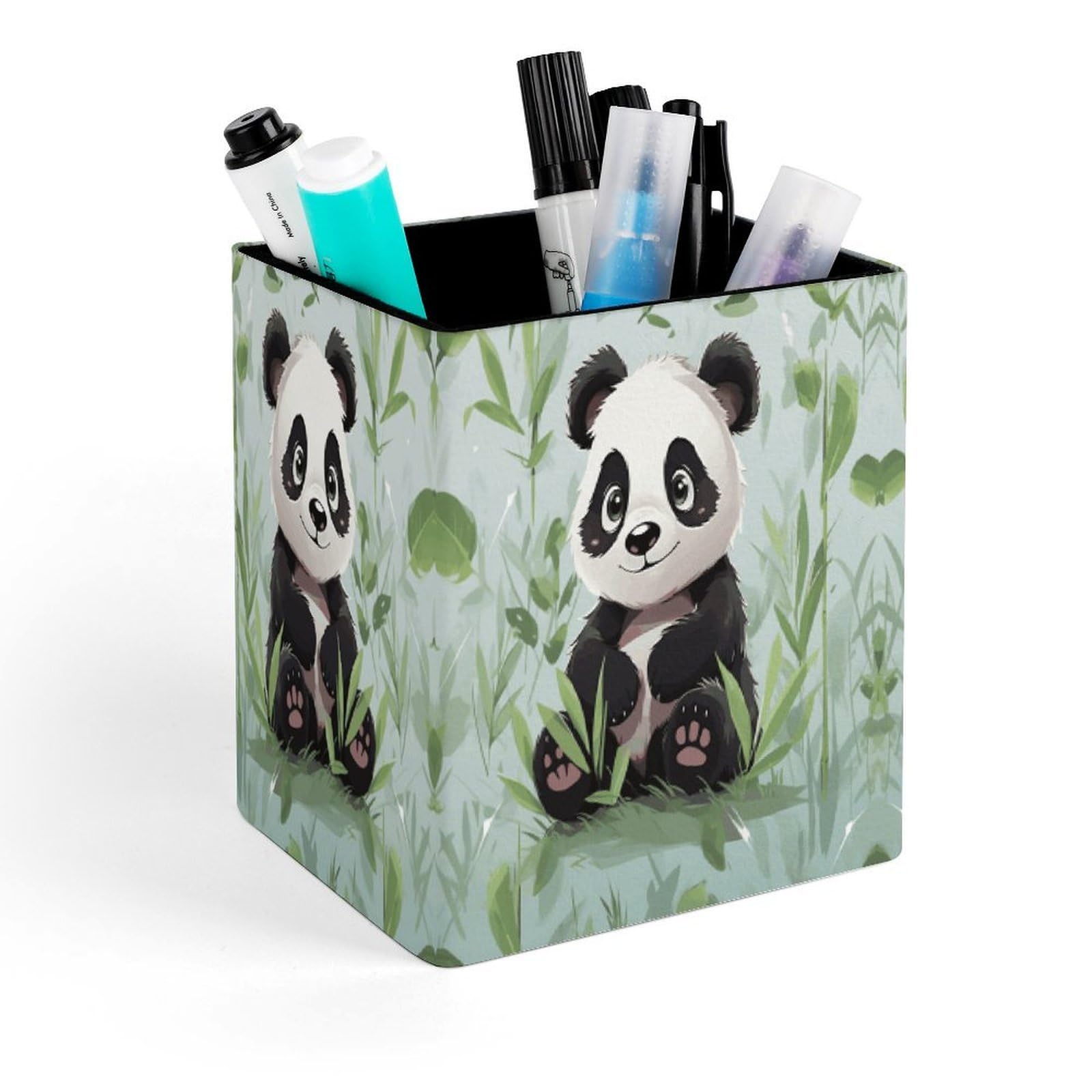VstaDank Panda Bamboo Pen Holder Square Pencil Holder Leather Pencil Cup Pen Organizer Makeup Brush Holders Pen Cups Desktop Stationery Organizer for Home Office Desk Organizers