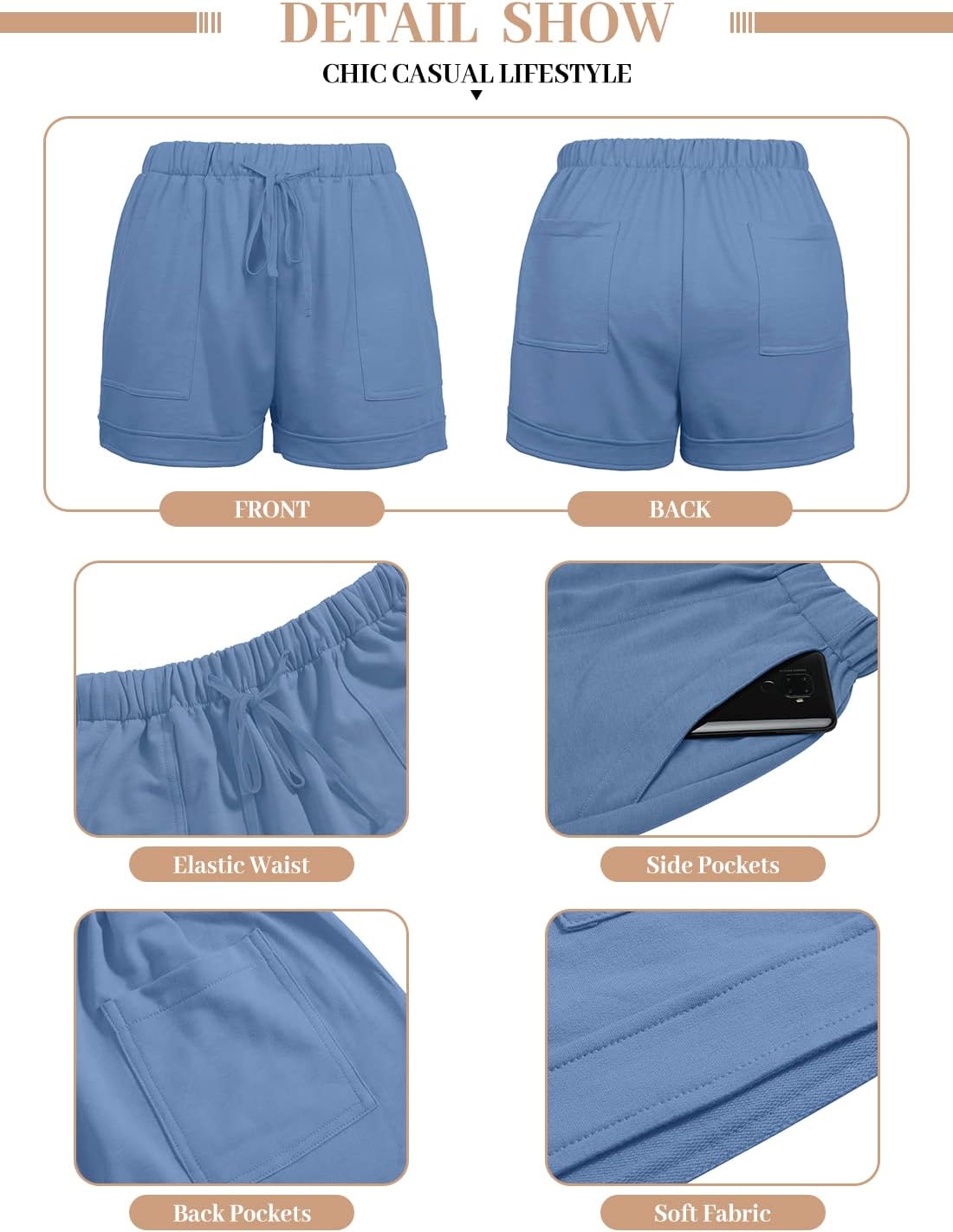 QUEEN PLUS Womens Casual Shorts Comfy Elastic Waist Drawstring Pocket Shorts Pants - Image 4