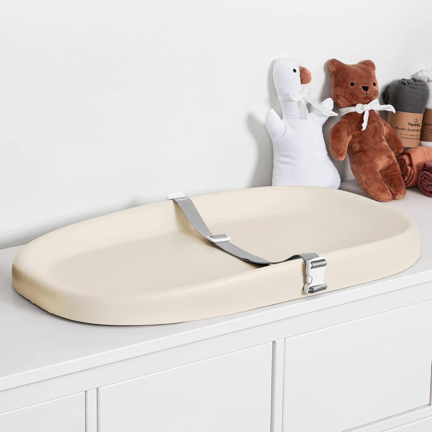 Papablic Baby Changing Pad – Soft & Wipeable Diaper Changing Table Mat for Dresser Bed Sofa, Built-in Safety Belt, Non-Slip, Waterproof, Easy to Clean – Gray, Ideal Gift for New Parents