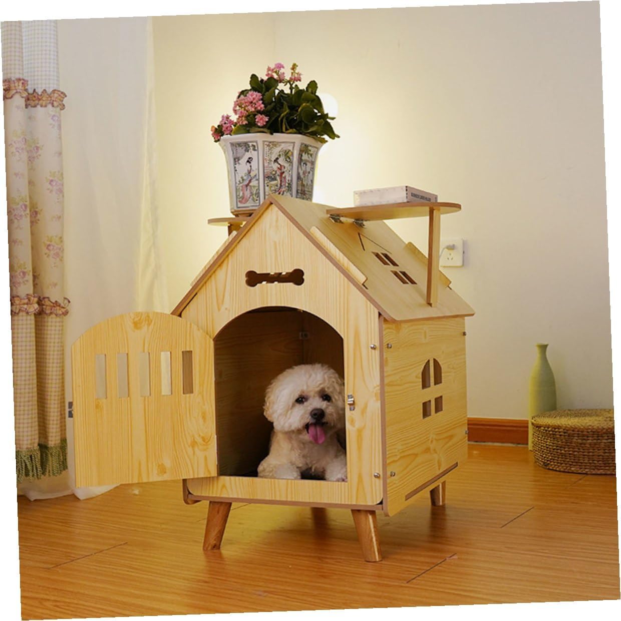 Wooden Dog House Outdoor Medium Wooden Kennel Puppy Shelter with Fence Garden Pet Cabin for Small to Medium Dogs
