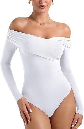 PINKMSTYLE Sexy Mesh Off The Shoulder Bodysuits For Women Double Lined Long Sleeve Bodysuit Going Out Tops
