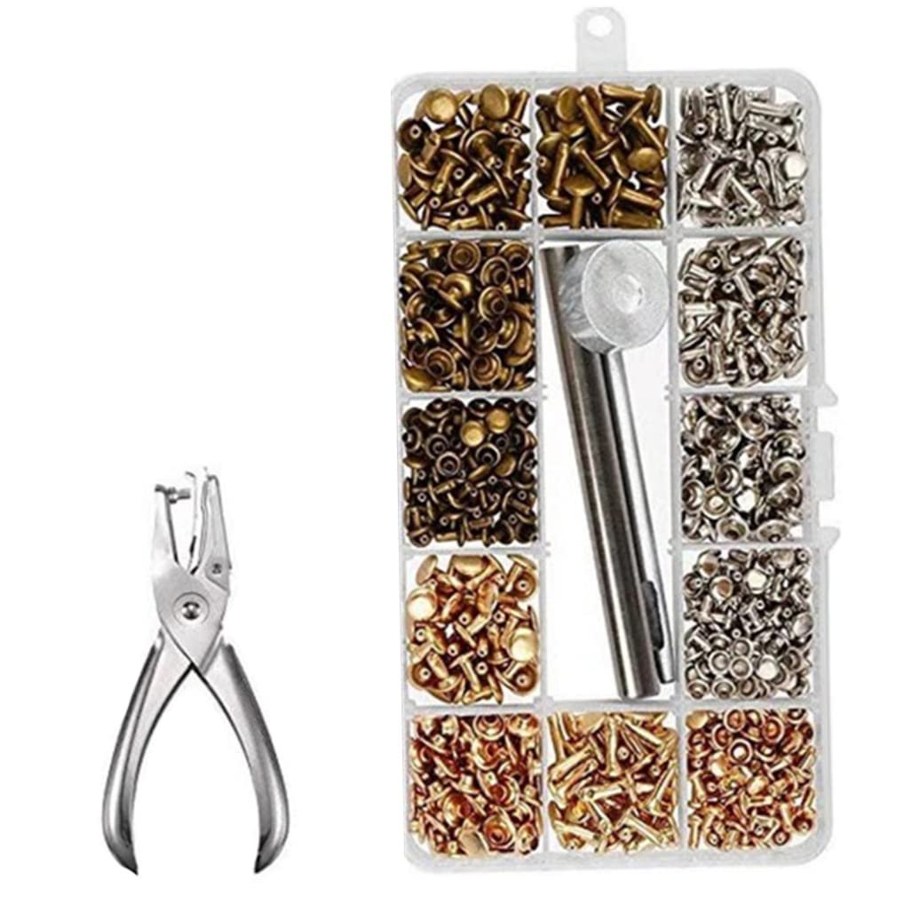 MILEVO Juego de botones y remaches de cuero, 300 unidades/juego de pernos de metal tubulares de doble tapa con alicates perforadores, remaches de cuero de 12 mm/8 mm/6 mm para ropa de bricolaje