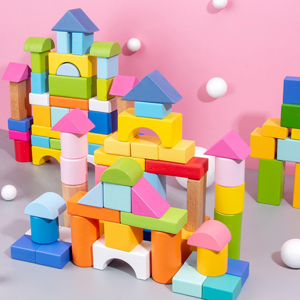 Veemoon 100 Blocchi Geometrici Impilabili in Legno, Giocattolo Educativo per Bambini, Set di Mattoncini per Ragazzo e Ragazza