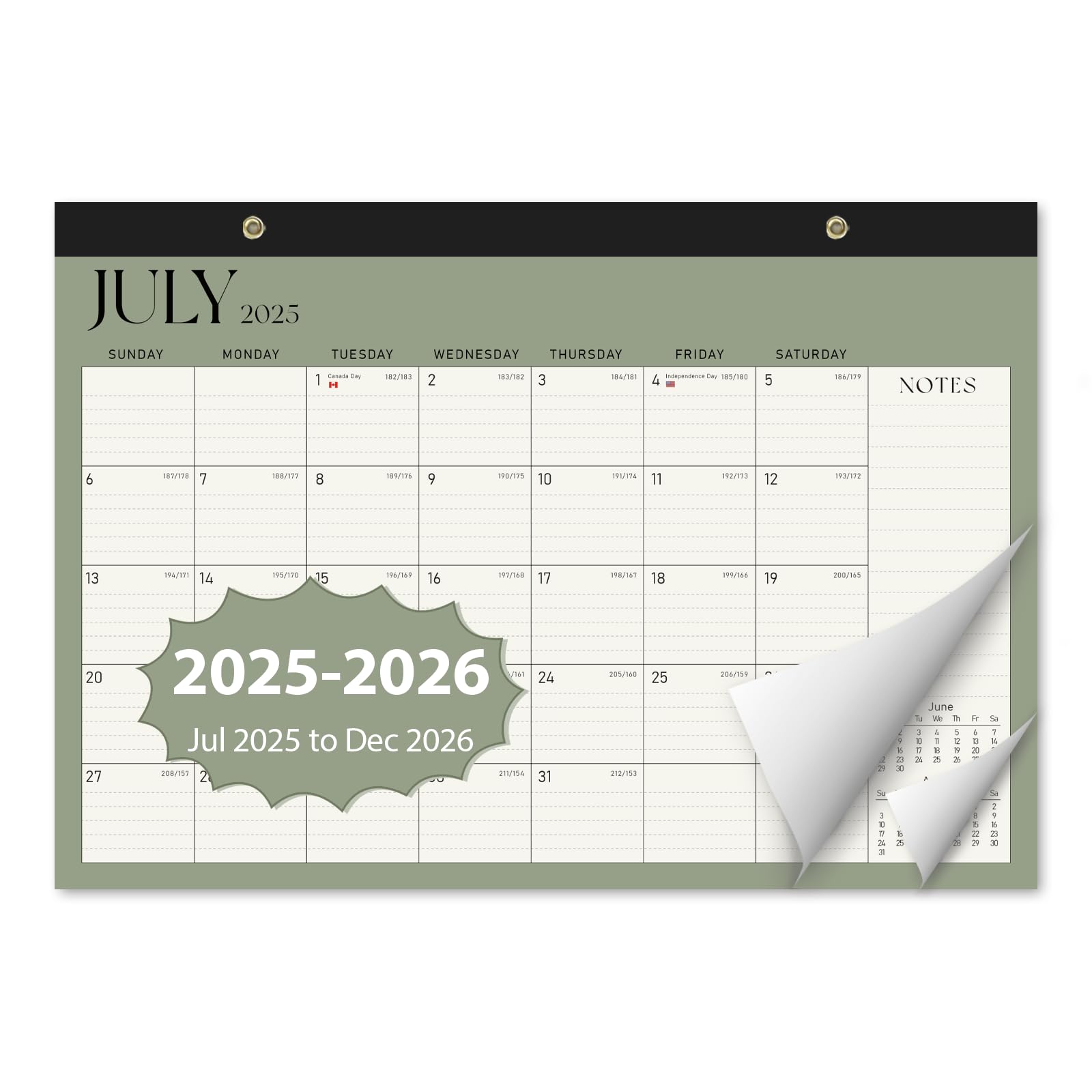 Calendar 2025-2026, Monthly Desktop Large Calendar (July 2025 - December 2026) Desk Wall Planner for Family Office Teacher School, 17" x 12" Green